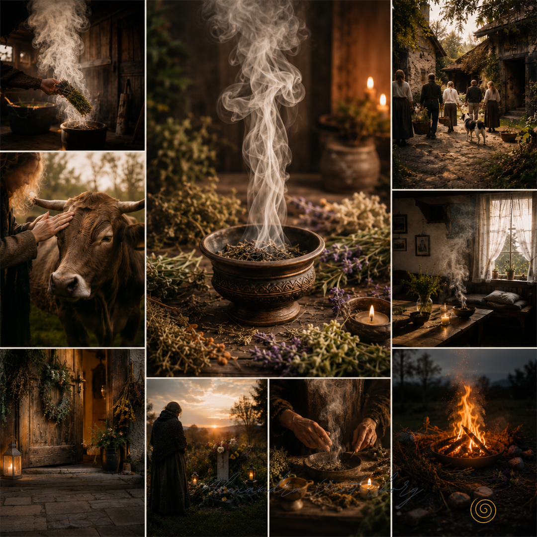 Fotocollage, Räume, Orte die geräuchert werden. Alte Rituale für die heutige Zeit.