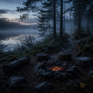 ein Fluss oder See im Hintergrund, dessen Ufer im Nebel verschwimmen.