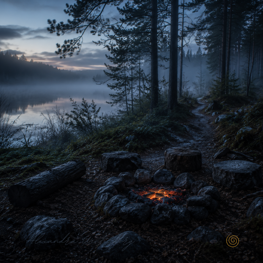 ein Fluss oder See im Hintergrund, dessen Ufer im Nebel verschwimmen.