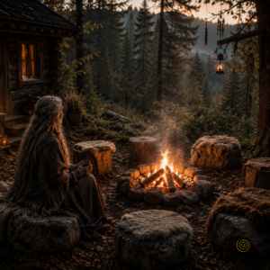 Wald, Feuerplatz, weise Alte Frau sitzt am Feuer, eine Holzhütte ist an der Seite zu sehen und der Wald.