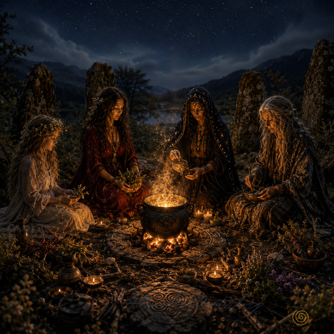 Im Steinkreis sitzende vier weibliche Archetypen, ein Mädchen, eine Frau, eine Alchemistin und eine Alte Weise