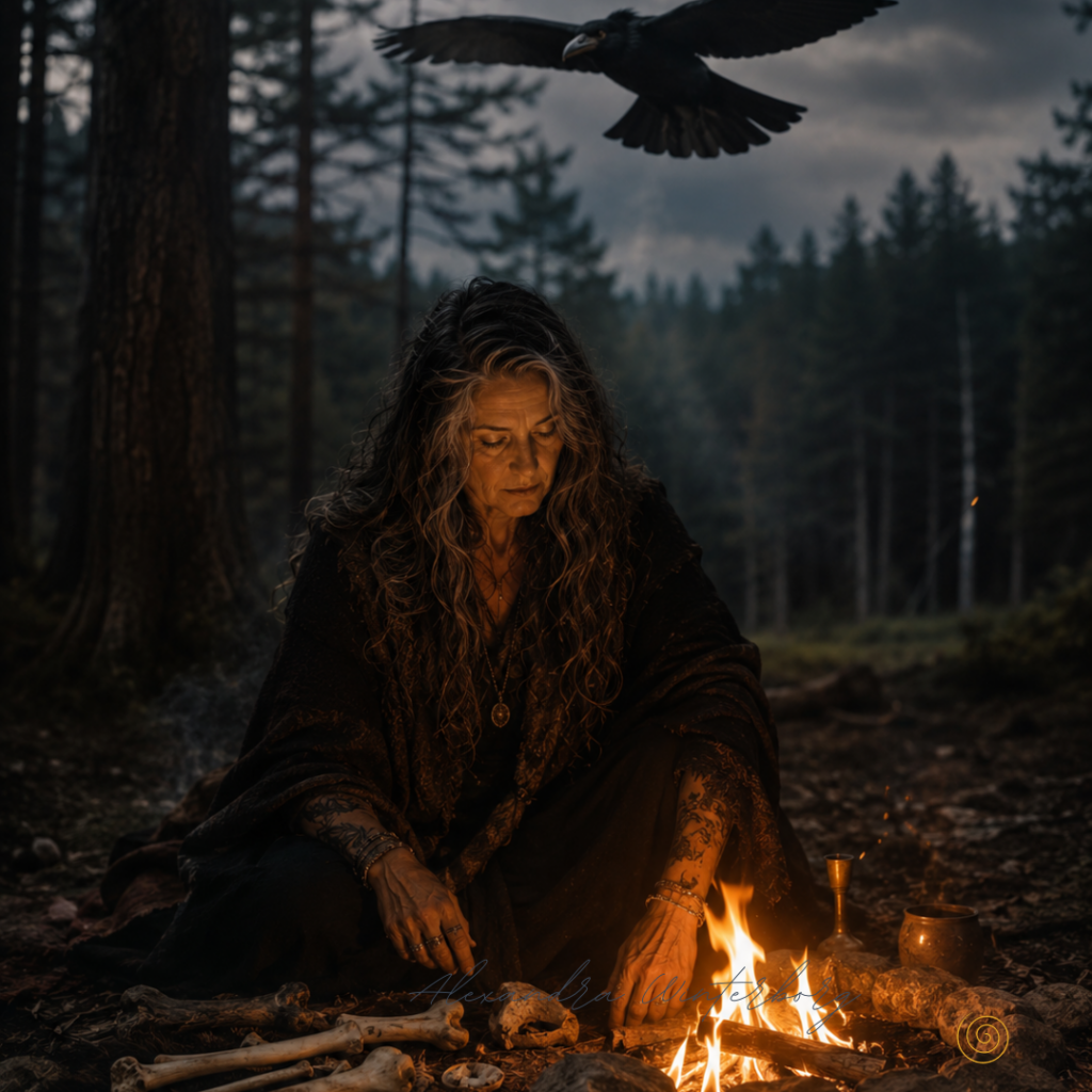 Alte Weise sitzt am Feuerplatz im Wald, über ihr fliegt ein Rabe und sie schaut ins Feuer, einzelne Knochen liegen um sie herum, denn sie schöpft aus dem Wissen der Knochen. 
