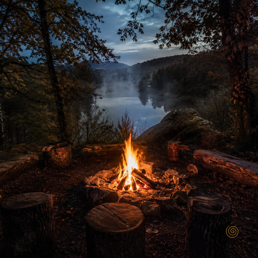 Lagerfeuer, auf Waldlichtung, Fluss in der Nähe, früher Abend, stimmungsvoll